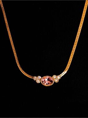 AVON Vtg Gold-Tone Herringbone Necklace |Pink Center Stone + Accent Crystals
